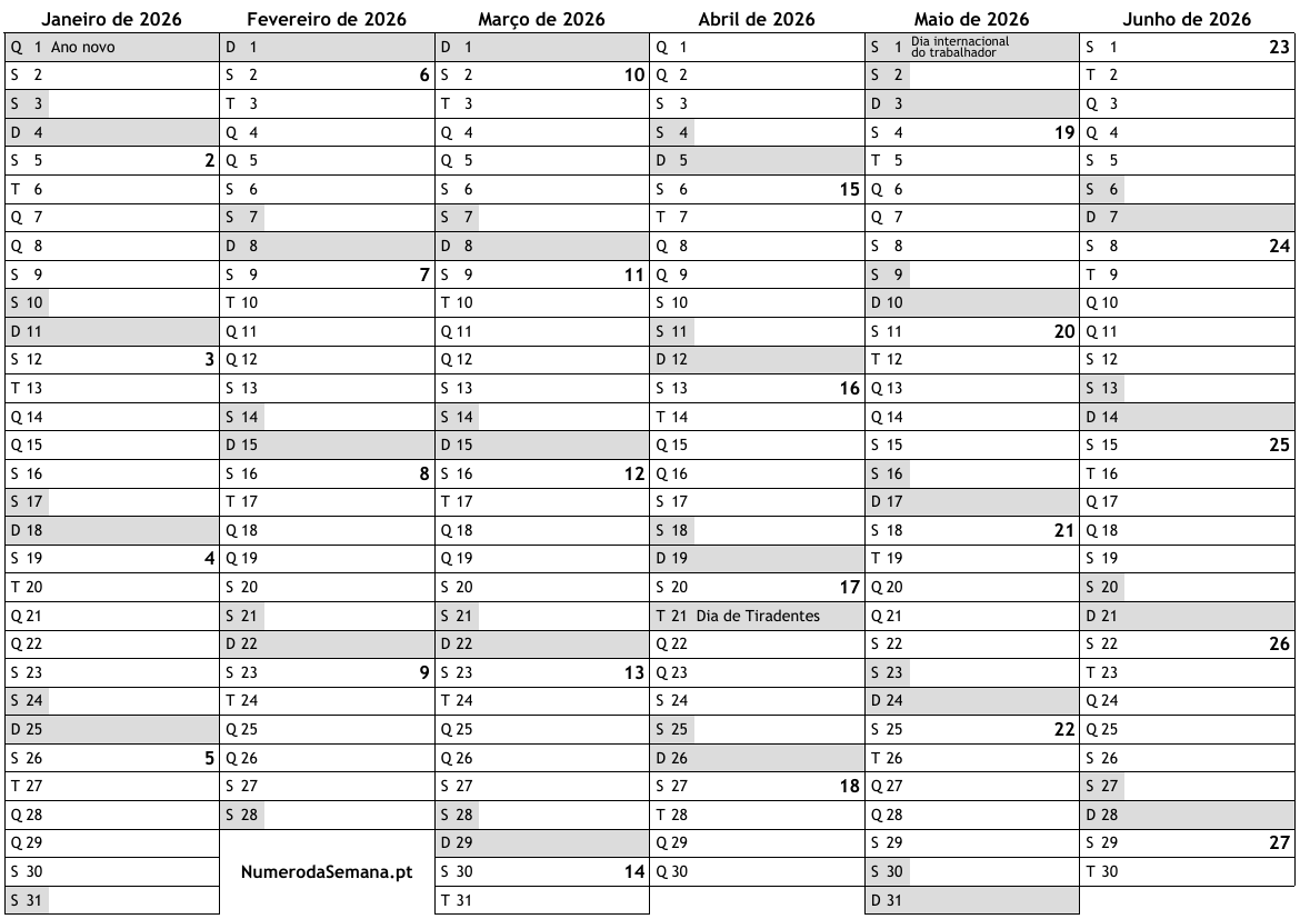 Calendário 2026 com feriados e números da semana … almanaques, online ...